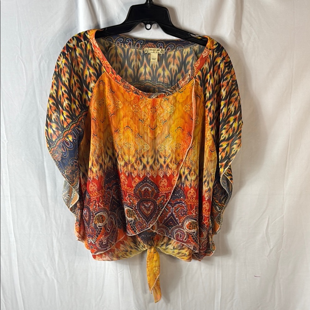 Energie Orange and Yellow Asymmetrical Tie Front Blouse with Flutter Sleeves
